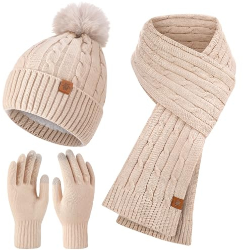 Vyuwast Mütze Schal Handschuh Sets für Damen,Warme Stricksets Beanie Wintermütze mit Bommel,Thermo Winter Touchscreen Handschuhe,Warme Kuschelige Schal für 3 in 1 Geschenk Winterset Damen Frauen
