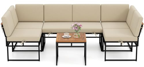 COSTWAY Lounge Möbel Outdoor, Gartenmöbel Set mit Sofa & Tisch, Gartenlounge, 6-teilige Balkonmöbel, Terrassenmöbel, inkl. Sitz- & Rückenkissen, Sitzgruppe für Garten, Terrasse, Balkon