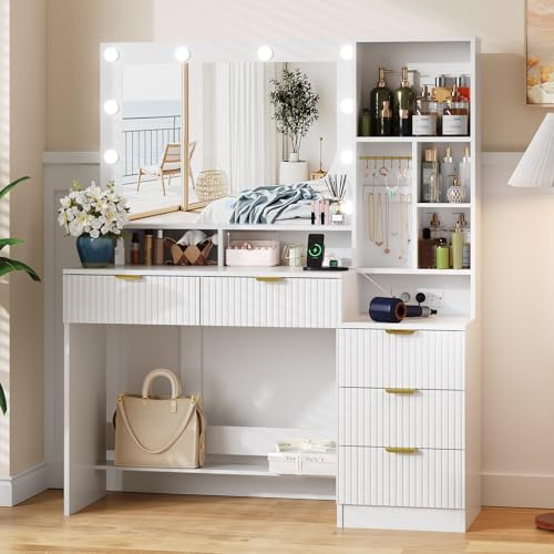 JUMMICO Toeletta Trucco con Specchio e Luci,Tavolo da Toilette con Cassetti, Postazione Trucco con Ripiani Aperti, Ganci per Gioielli e Presa Elettrica per Camera da Letto, Moderno (Bianco)