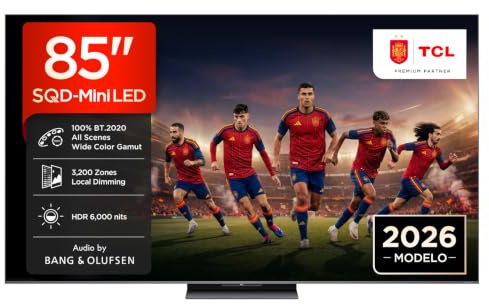 TCL 85C8L – Smart TV SQD‑Mini LED 4K HDR10+ da 85, 6.000nit | 3,200 Dimming Zones, Dolby Vision IQ & Atmos, 144Hz, ZeroBorder Design, Audio by Bang & Olufsen