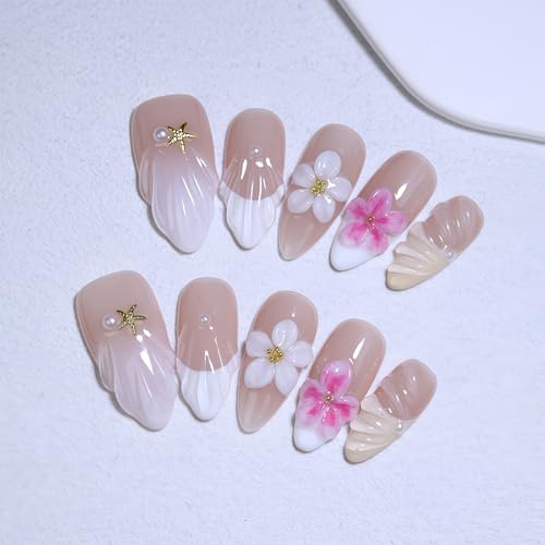 Tastetreasure Handmade 3D Flower Press on Nails XS Size, French Ombre Almond False Nails with Jelly Glue Kit, Hand-Crafted Luxury Pink Floral Fake Nails for Women DIY Manicure