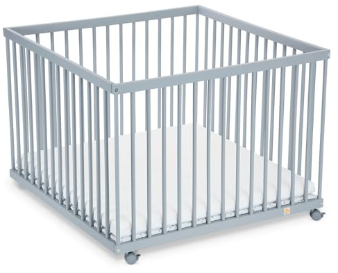 FabiMax Baby Laufgitter 100x100 Grau lackiert, stufenlos höhenverstellbar, mit Schlupfsprossen, Laufstall aus massivem Buchenholz (Matratze Premium)