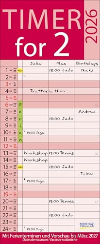 Timer for 2 Lifestyle 2026: Familienplaner mit 3 breiten Spalten. Hochwertiger Familienkalender mit Ferienterminen, Vorschau bis März 2027 und nützlichen Zusatzinformationen.