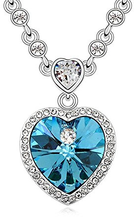 Bungsa Blue Heart 45cm Silberfarben Damenkette - Herz Anhänger mit strahlendem Großen Kristall in Blau & klarem Strass - Kette Damen Silber - Necklace Silver Crystals Heart - Love Liebe Amore