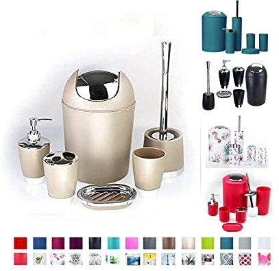 6tlg Badset Badezimmer Zubehör Set Organizer: Seifenspender, Zahnputzbecher, Kosmetikeimer, WC Bürste und Halter, Seifenschale, Mülleimer, Zahnbürstenhalter, Badgarnitur (Beige Design 1)