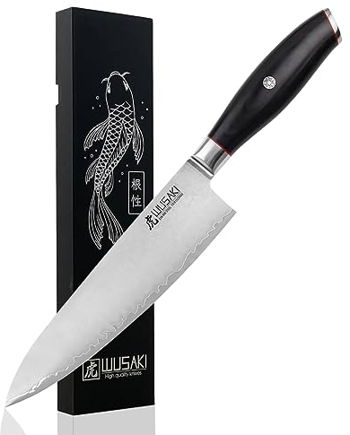 Wusaki Fujiko Black - Couteau de Chef Design Japonais Lame 20cm Acier Inoxydable Haute Teneur Carbone 10Cr - Vendu dans un coffret cadeau