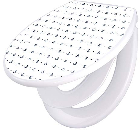 banjado Familien WC Sitz mit Absenkautomatik 44,5x37cm / Klodeckel/Klobrille mit Kindersitz aus hochwertigem Polypropylen/Toilettensitz Kindersitz integriert Motiv Kleine Anker