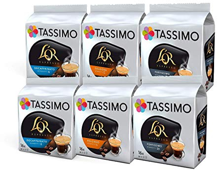 Tassimo Coffee L'OR Espresso Selection - L'OR Decaffeinato/Delizioso/Fortissimo - 6 Packs (96 Servings)
