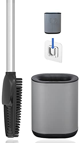 3in1 Toilettenbürste aus Silikon mit WC Bürsten Halter und Wandhalterung, Langer Stiel aus Edelstahl & Hygienisch mit Lamellen und Schaber – Toilettenbürstengarnitur für Badezimmer & Gäste-WC (Grau)