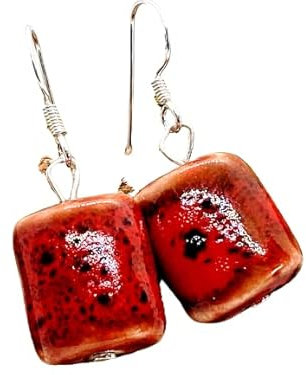 Ohrringe Porzellan, Ohrhänger Keramik, 925 Sterling Silber, Rot