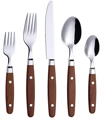 ANNOVA Ensemble de couverts/couverts en acier inoxydable avec poignées de couleur et rivets/style rétro. (Wood, 20 Pieces)
