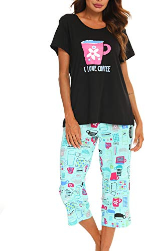 ENJOYNIGHT Pigiama da donna corto in cotone, biancheria da notte a maniche corte e pantaloni lunghi a 3/4, Tazza nera, XXL
