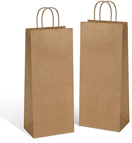 Poever Kraft Paper Wine Bags with Handles 5.25x3.25x13 inch for Whiskey Spirits Bottles 25PCS Bluk, Brown Gift Bags Shopping Bag Party Bag Retails Bag
