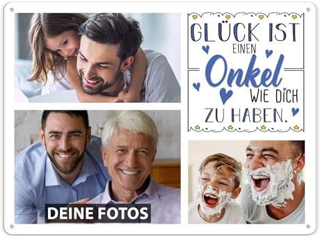 PR Print Royal Blech-Schild mit 3 Fotos und Spruch - selbst gestalten | Glück ist einen Onkel wie dich zu haben, Metall-Poster, Personalisiertes Geschenk für den Onkel, Weihnachten, A3