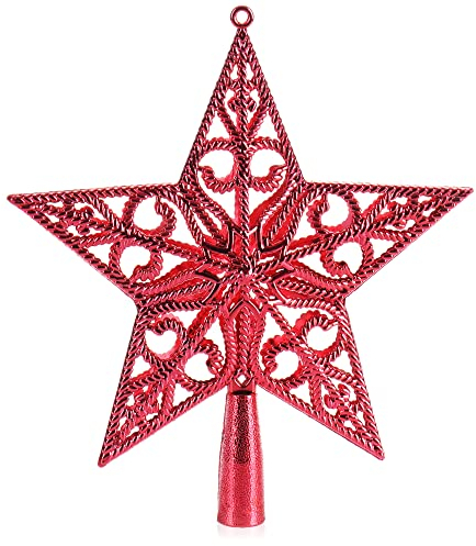 COM-FOUR® rote Christbaumspitze in Stern-Form - Stern für die Weihnachtsbaum-Spitze - verzierter Weihnachtsbaumschmuck - traditioneller Christbaum-Schmuck aus Kunststoff