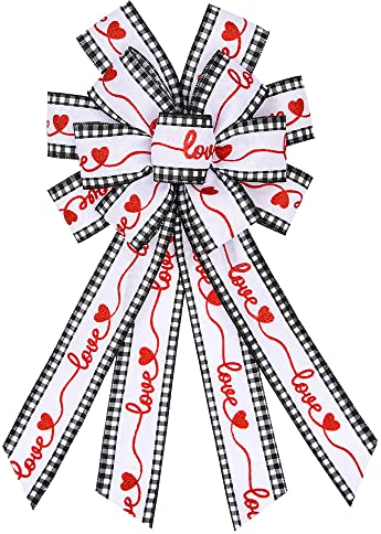 Hying Große Valentinstag-Schleifen für Kranz, schwarz-weiße Büffelkariert, Liebeskranz, Schleife für Valentinstag, Dekoration aus Jute, für Haustür, Innen- und Außenbereich, Valentinstag, Dekoration