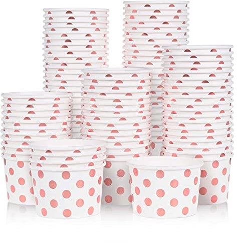 MATICAN Paper Ice Cream Cups, 100-Pack, 9oz Disposable Dessert Bowls with Rose Gold Foil Polka Dots