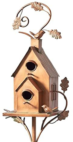 Metal Bird House Feeder With Pole, Art Cottage Stakes, Hummingbird House, Distressed Birdhouse Garden Decor for Courtyard Backyard