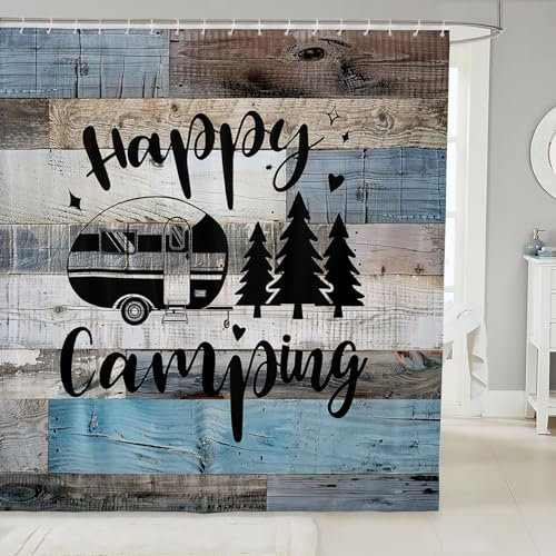 Castle Fairy Duschvorhang aus Stoff, Motiv: Wohnwagen, Happy Camping, blau-grau, Western-Stil, Bauernhaus-Stil, wasserdichter Duschvorhang für Badezimmer, 183 cm lang