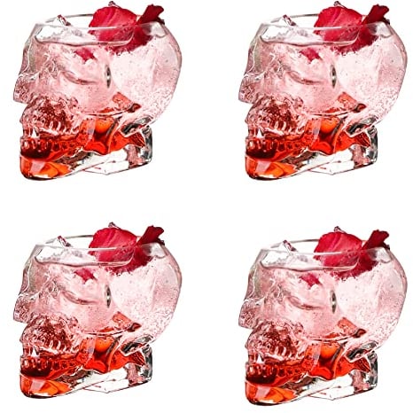 URMAGIC 4 Pcs Skull Wine Glasses, 75ml Skull Whiskey Shot Glasses, Skeleton Shape Clear Glass Cups, Halloween Drinkware