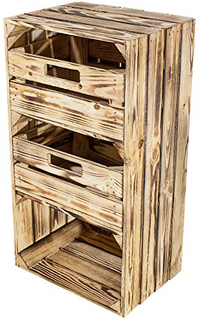 Kistenkolli Altes Land Schmale Kommode im Obstkisten Stil weiß geflammt schwarz grau Vintage 68x40x31cm Regalkiste (Schmaler geflammter Holzschrank mit Schubladen)