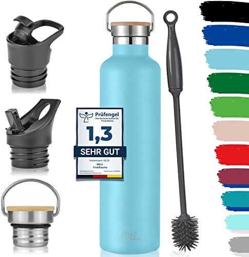 Milu Edelstahl Trinkflasche 350ml 500ml 750ml 1000ml (+3 Deckel) - Thermosflasche mit Strohhalm, Isolierte Wasserflasche, Auslaufsichere Isolierflasche doppelwandig (Himmelblau, 1000ml)