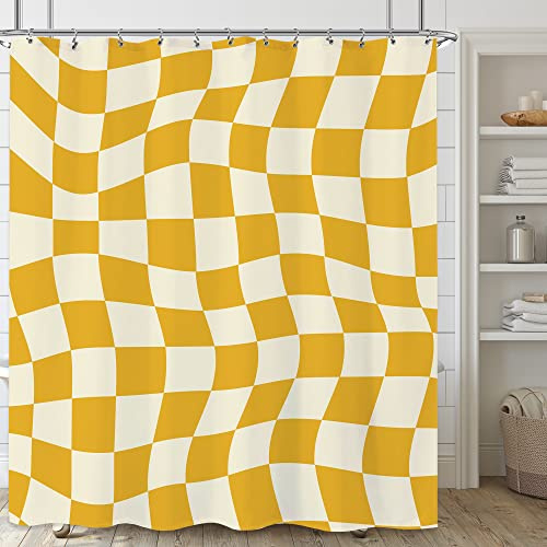 Laifzere Y2K Duschvorhang im Retro-Stil der 60er / 70er Jahre, Gelb kariert, modern, für Badezimmer, groovig, flippig, niedlich, Stoff, wasserdicht, 152,4 x 183,9 cm, mit Haken