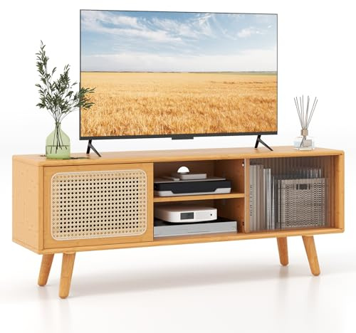 CASART TV Cabinet for TVs up to 55”/65, Bamboo TV Stand Entertainment Center with Sliding Doors, Adjustable Shelves & Drawers, Rattan TV Console Table for Living Room Bedroom (120cm for 55 TVs)