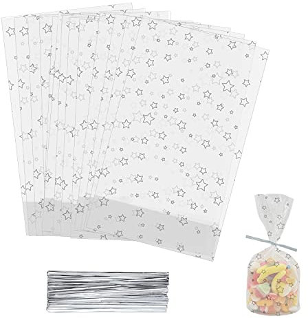 100 Stück Durchsichtige Cellophantüten groß 25x15 cm Süßigkeiten Geschenkbeutel mit 100 bunten Krawatten Geeignet klarsichttüten für Süssigkeit Chocolate Brot (B-25x15cm-100pcs)