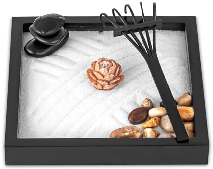 Mini Zen Garden Kit for Desk 6x6 inch with Wooden Lotus Flower, 3 Zen Stones, Pebbles, Home Office Desk Decorations (Wooden Lotus Flower)