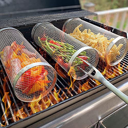 DYBOHF 3 Stück zylindrischer Grillkorb Edelstahl | Grillgitter | Frittierkorb | Pommes Körbchen | Abkühlgitter | Rundes BBQ-Lagerfeuer-Grillgitter Für Den Außenbereich | Pommesblech Für Backofen