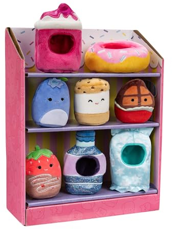 Squishville by Original Squishmallows Snack Machine Accessory Pack - Four 2-inch Squishmallows Plush Including Bluby, Kaoko, Scarlett, and Paulton and Four Plush Costumes - Toys for Kids