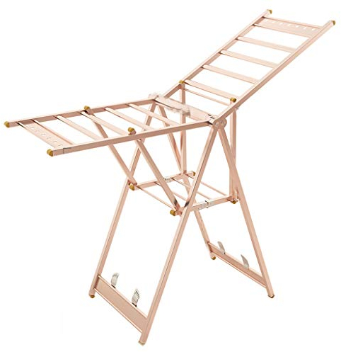 WIQUYBML Klappbarer Garderobenständer, Kleiderstange, robuster Kleiderständer, Keine Installation erforderlich, Edelstahl, gebürstetes Finish, Höhe 154 cm, Roségold.