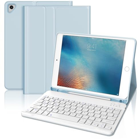 Keyboard Case for iPad 9.7, Wireless Bluetooth Detachable Keyboard, Slim Protective Cover with Pencil holder for iPad 6th Gen 2018/iPad 5th Gen 2017/iPad Air 2/iPad Air 1/iPad Pro 9.7 inch, Sky Blue