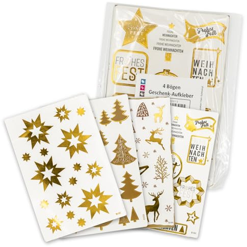 itenga Weihnachtssticker Freiform Gold 4 Bögen verschiedene Größen und Formen - Geschenkaufkleber Frohe Weihnachten Aufkleber Etikett Sticker