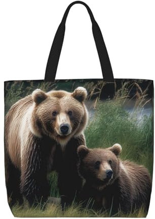 DEHIWI Tragetasche mit Bärenmotiv für Damen, wasserdicht, lässig, mit Reißverschluss, Lebensmittelhandtaschen für Büro, Einkaufen, Reisen, Schwarz, Einheitsgröße
