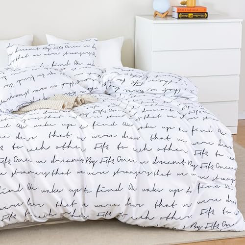 Merryword Bettwäsche-Set für Paare, romantisch, englische Buchstaben, für Paare, Mütter, Weiß