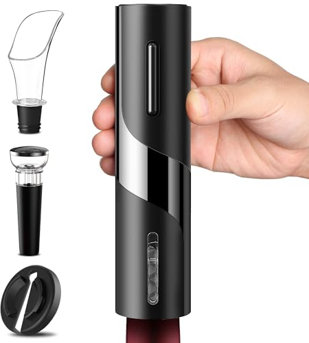 HOOMIL Weinflaschenöffner Set, 4-in-1 Elektrischer Korkenzieher für Wein, Automatisch Flaschenöffner Weinöffner Set mit Folienschneider, Weinausgießer und Vakuum Weinverschluss, Schwarz