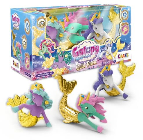 GALUPY Mermaid Gold Edition - 3X Einhorn Figuren mit besonderen goldenen Schwänzen - Einhorn Spielzeug