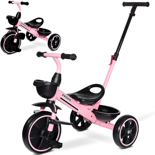 KRIDDO 2-en-1 Tricycle pour Enfants de 18 Mois à 5 Ans - Poignée de poussée Extensible pour Une Conduite sans Effort, Tricycle Cadeau de 3 à 5 Ans, Tricycle avec Repose-Pieds Avant Pliable, Rose