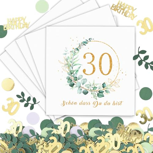 Konfetti Servietten 30. Geburtstag Deko Set, 30 Geburtstag Deko Grün Gold, Deko 30 Geburtstag Frau Mann, 40 Stk 30. Geburtstag Servietten 100 Stk Streudeko Tischdeko 30 Geburtstag,Geburtstagsdeko 30er