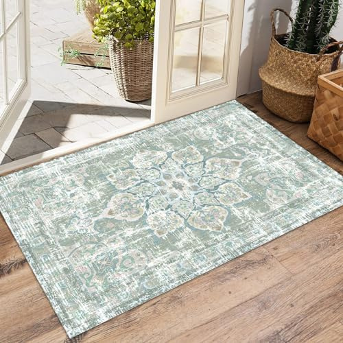 Vhong Petit tapis lavable bohème vintage neutre moderne vert pâle 51 x 71 cm antidérapant pour couloir, salle de bain, entrée