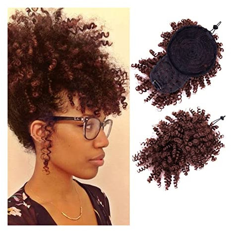 Postiches Cheveux Chignon Afro haute bouffée cheveux synthétiques chignon queue de cheval cordon avec frange courte crépus bouclés queue de poney pince dans les Extensions de cheveux for les femmes Po