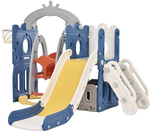 Reenborn Toboganes Infantiles, Toboganes Infantiles Exterior, Escorrega Infantil, Tobogán y Columpio para Niño, Centro de Actividades Equipo de Juego Interior Exterior (Tower-Blue Yellow)