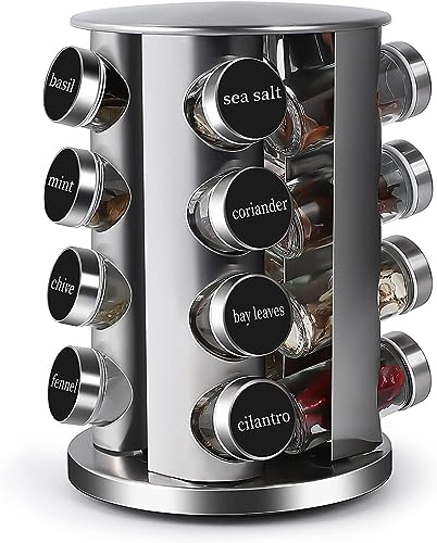 AMALO Rotating Spice Rack Organiser with 16 Spice Jars, Thick and Strong Spice Racks Free Standing Kitchen Carousel Spice Storage Can Rotated 360° (18.5D x 18.5W x 29H centimetres, 16 Piece)