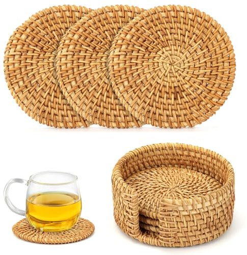 Yiter Handmade Drink Coasters Set of 6 With Holder - 10 cm/4 Inch Heatproof Rattan Round Coasters for Cups and Home Decor