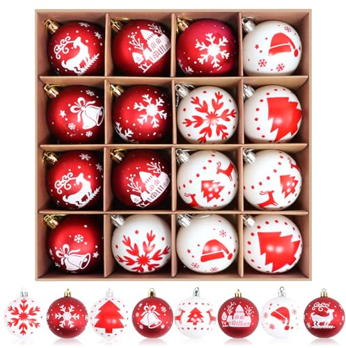 16pc Weihnachtskugeln Kunststoff Set Rot Weiß Christbaumkugeln 6cm Weihnachtsbaumschmuck Christbaumschmuck Weihnachtsbaumkugeln Plastik Baumschmuck Weihnachten Deko mit Schlüsselband