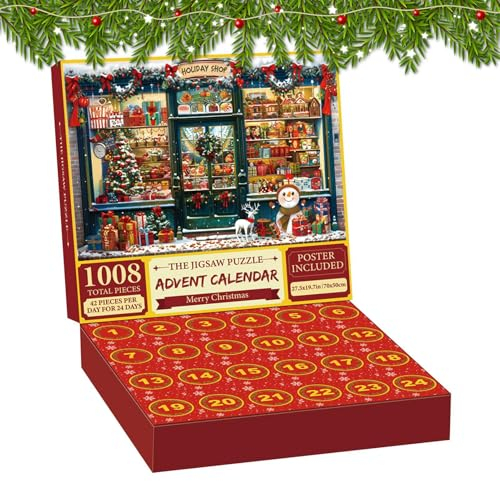Weihnachts-Countdown-Kalender-Puzzle, Adventskalender Puzzle | 24 lustige Weihnachtsferien, 1008 Teile – Weihnachts-Countdown-Kalender, Urlaubs-Puzzle Wein