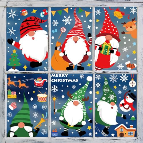Pegatinas Navidad para Ventanas, Pegatina Ventana Navideño Grandes Colores Gnomo Navideña Vinilos Adornos Reutilizables Decoracion para Escaparates Cristal Puertas Hogar, Groß Bunt Wichtel Tür Deko
