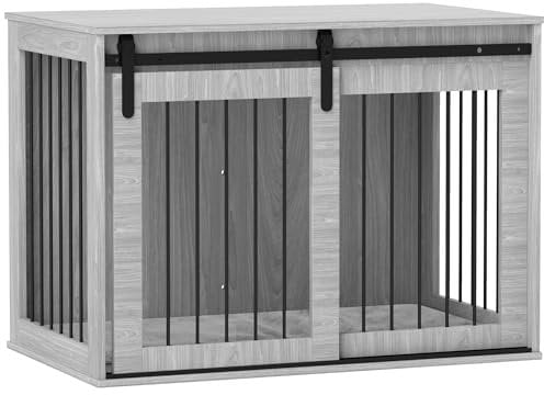 PawHut Dog Crate Furniture, Dog House Furniture Style for Large Breeds, Pet Kennel with Removable Cushion for Indoor Use, 98 x 58 x 61cm, Grey